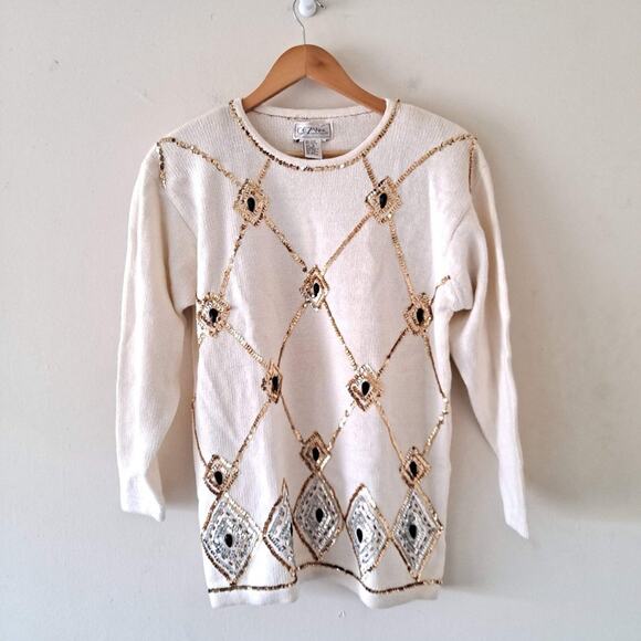 Cezanne Cotton Blend Gold Sequin Ivory Sweater - Picture 1 of 7